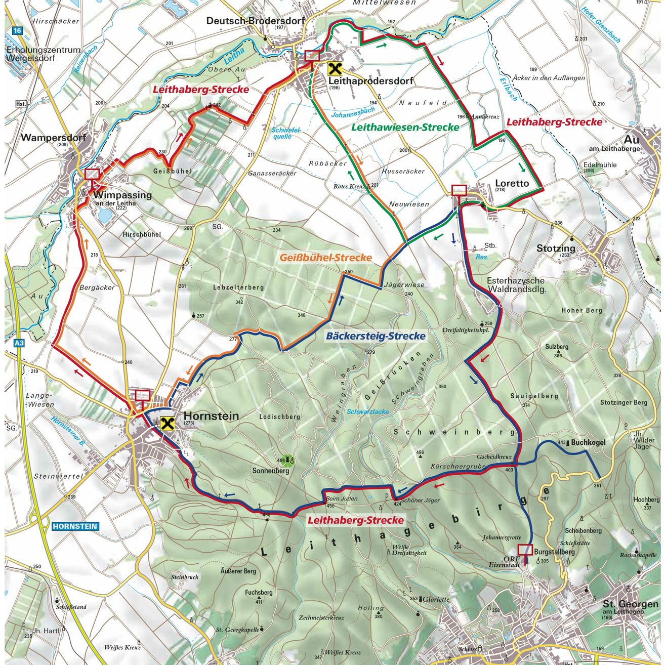 Die Karte zeigt verschiedene Wanderwege und Straßen in einer bergigen Region. Sie hebt wichtige Wahrzeichen wie Hornstein und Stotzing hervor, mit Wegen wie Leithaberg-Strecke und Geibühel-Strecke. Wichtige Orte wie Deutsch-Brodersdorf und Leithaprodersdorf sind markiert.