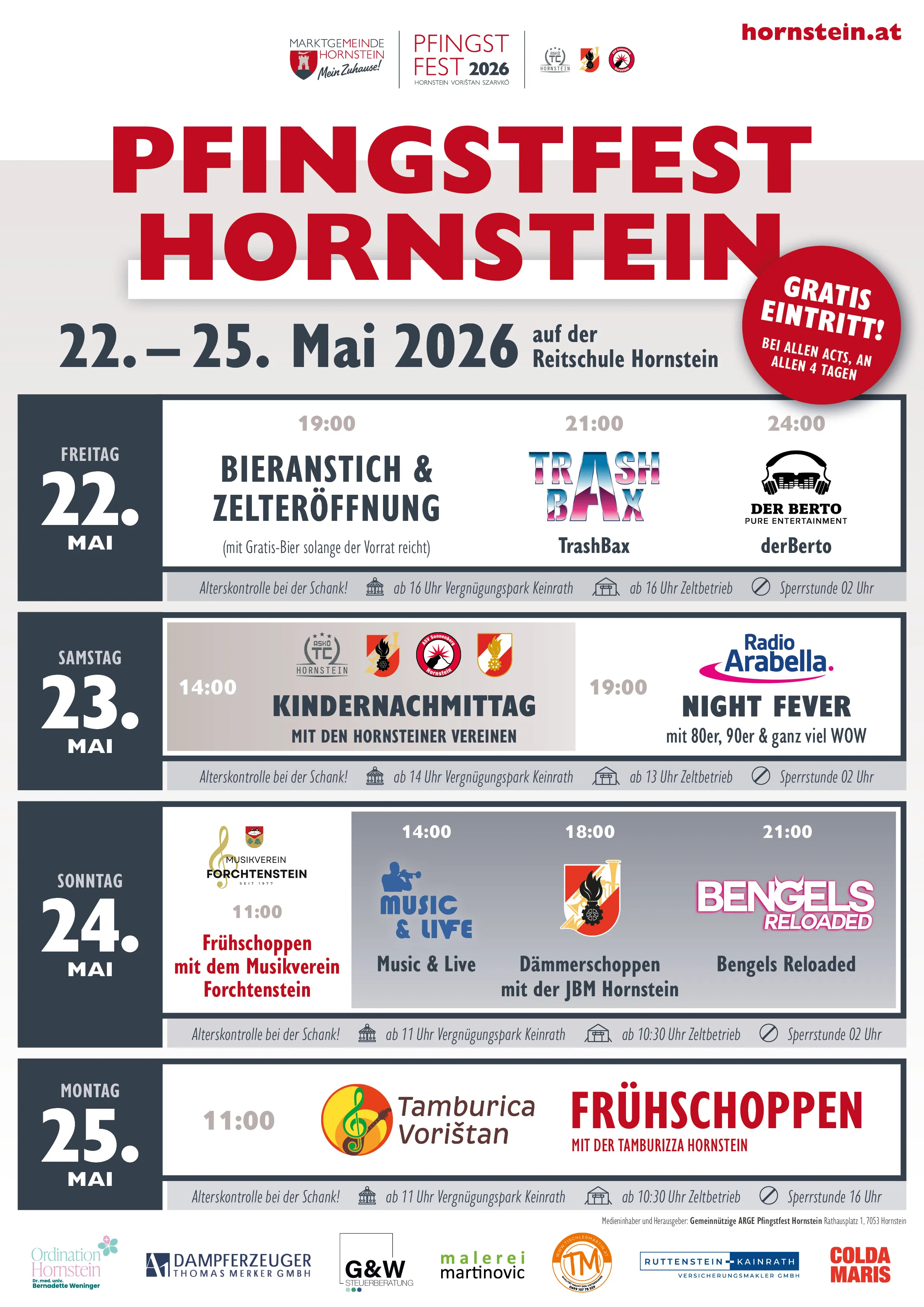 Hornstein-Ereignisposter für 2026. Termine sind 22.-25. Mai. Zeitplan umfasst Freitag: 19:00 Bierverkostung und Zelteröffnung. Samstag: 14:00 Kindertag mit Hornsteiner Vereinen. Sonntag: 14:00 Musik und 18:00 Live-Musik. Montag: 14:00 Tamburica-Frühstück.