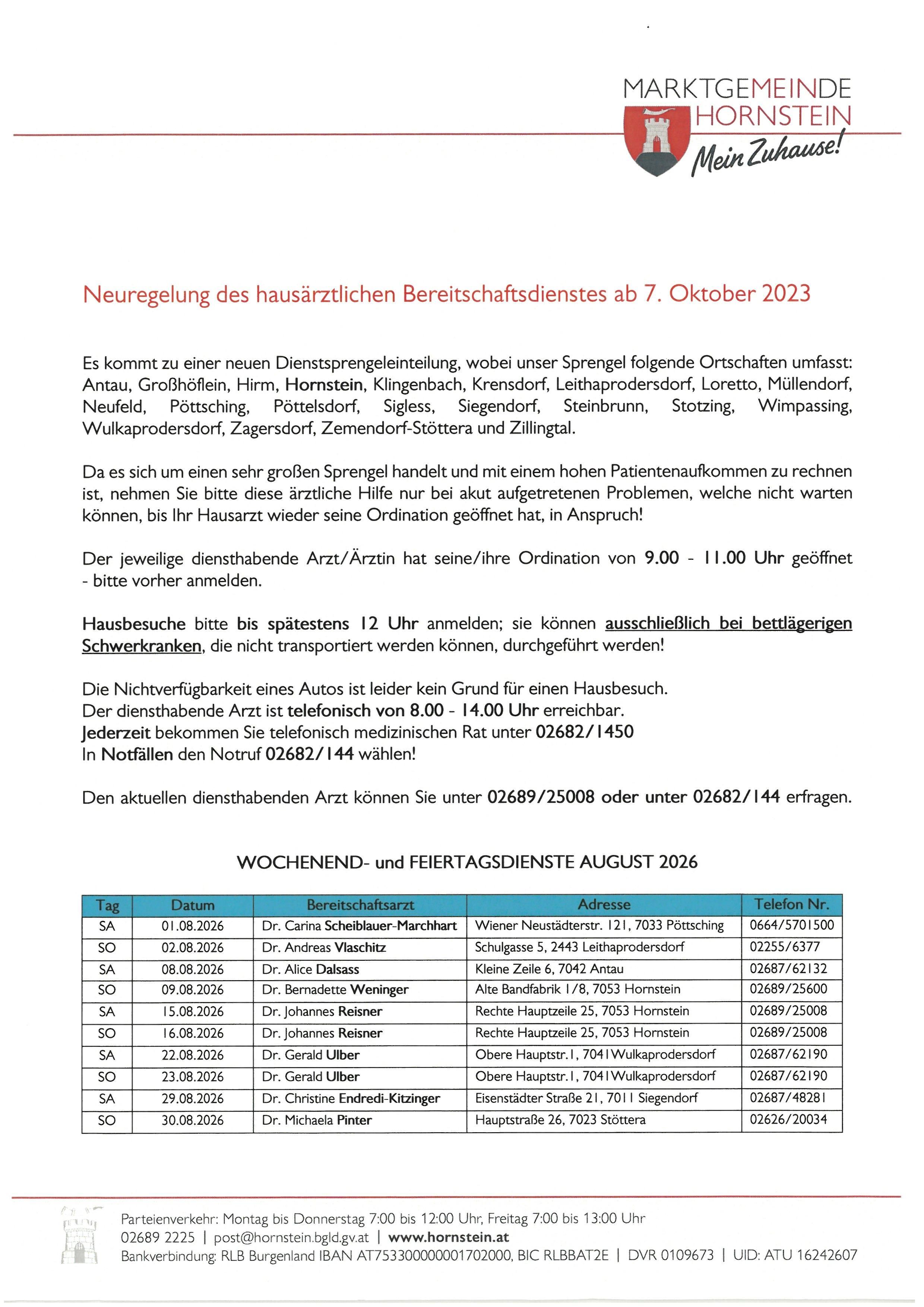Ein Dokument beschreibt den neuen Zeitplan für den Hausarztdienst ab dem 7. Oktober 2023, mit Details zu Standorten und Öffnungszeiten. Es enthält auch Informationen zu Notfalldiensten und Hausbesuchen für bettlägerige Patienten.