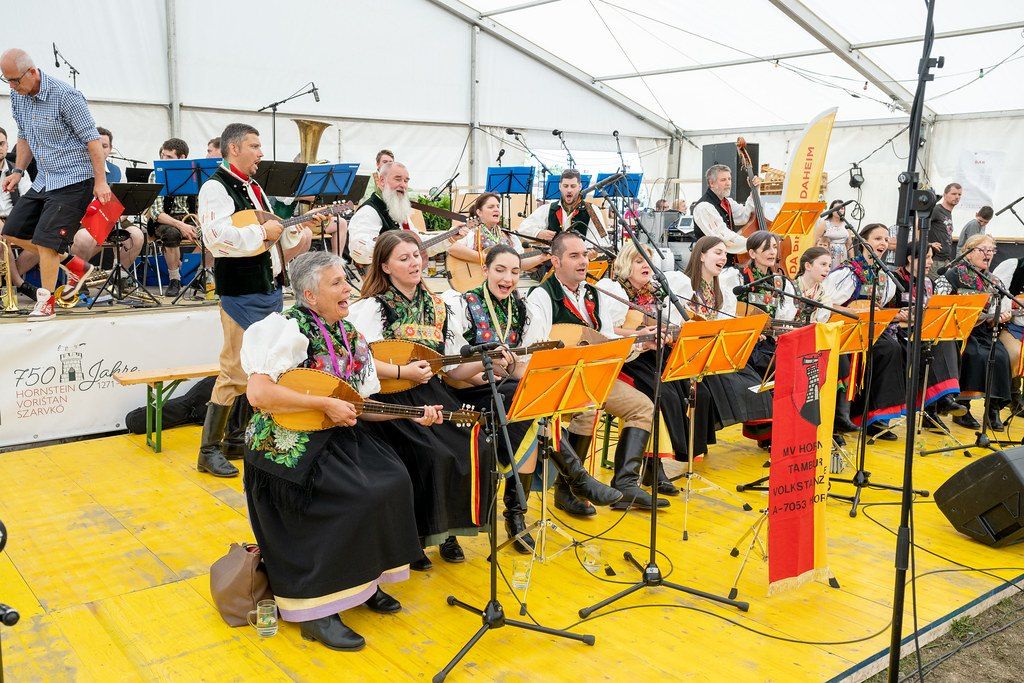 Eine Volksmusikband tritt auf einer Bühne auf, einige Mitglieder singen und andere spielen Instrumente. Die Bühne ist in einem Zelt aufgebaut, und ein Mikrofon steht auf einem Stativ. Eine Fahne hängt rechts.