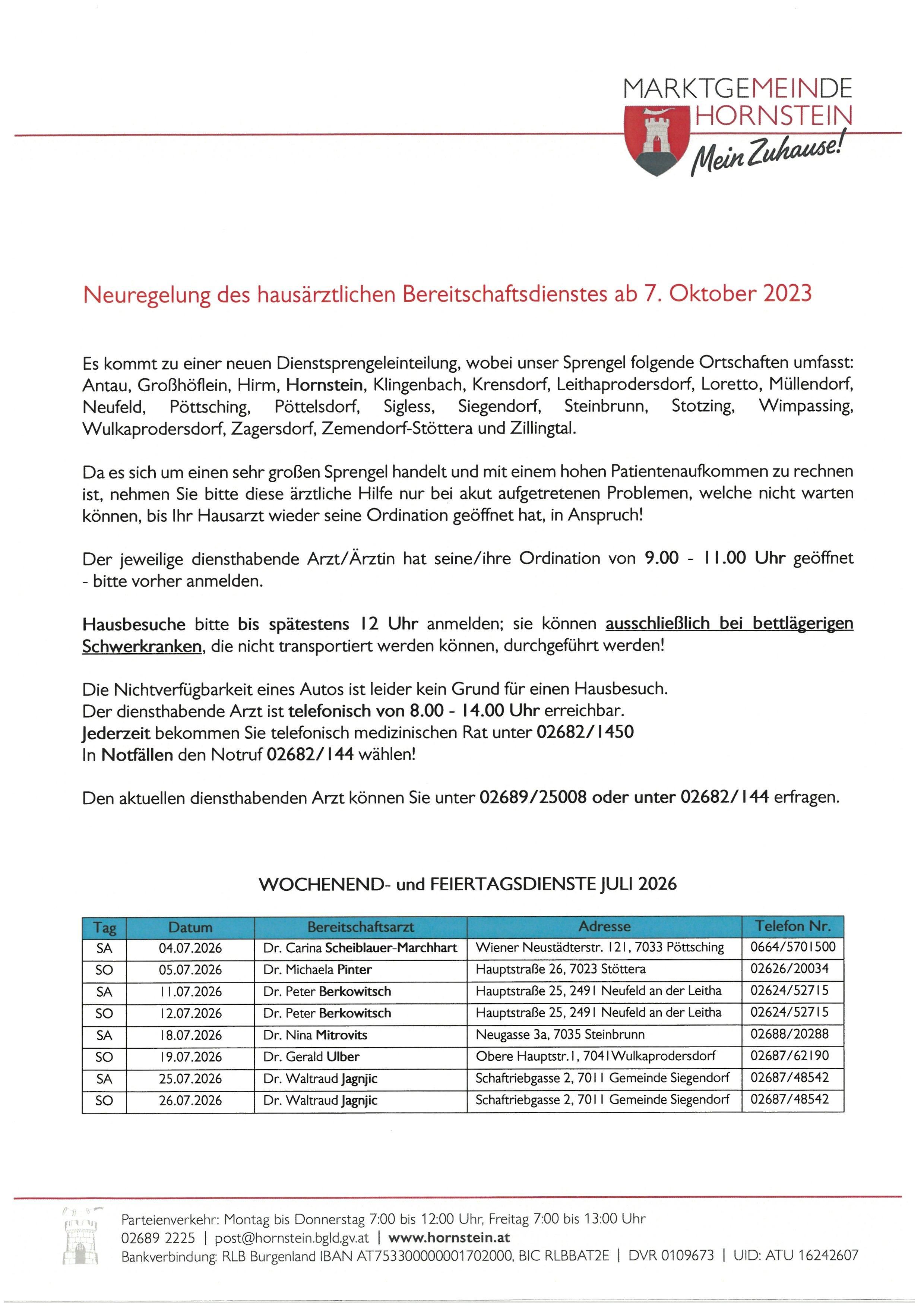 Neuregelung des hausärztlichen Bereitschaftsdienstes ab 7. Oktober 2023. Hausbesuche sind nur für akute, unvorhersehbare Probleme gedacht. Für nicht dringende Angelegenheiten warten Sie bitte, bis die Praxis geöffnet hat. Hausbesuche für bettlägerige Patienten können bis 12 Uhr vereinbart werden. Die Nichtverfügbarkeit eines Autos ist kein Grund für einen Hausbesuch. Notfallanrufe können unter 02682/1450 oder 02682/144 erfolgen.