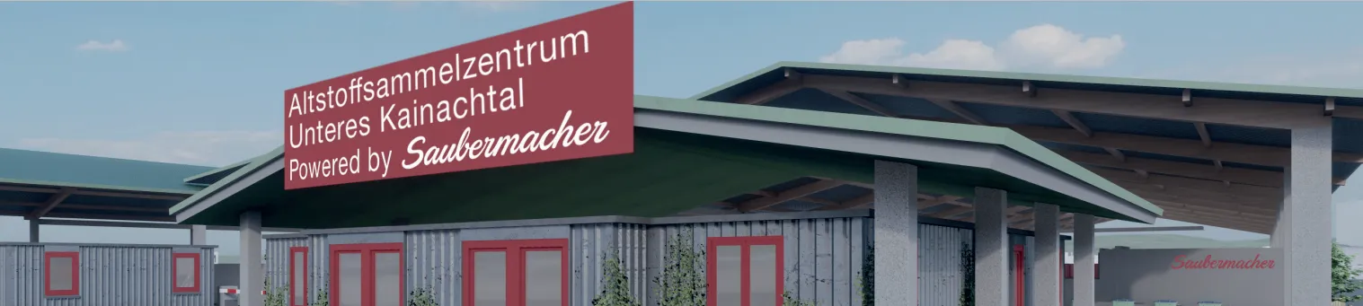 Ein Gebäude mit einem roten Schild, das 'Offsammlungszentrum es Kainachtals by Saubermacher', ein grünes Dach, rote Türen und Metallverkleidungen.