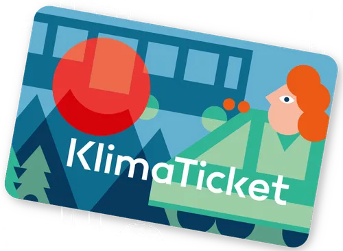 Eine Illustration eines KlimaTickets mit einer Frau mit roten Haaren und einem Bus im Hintergrund. Das Ticket hat einen roten Kreis mit Text darin.