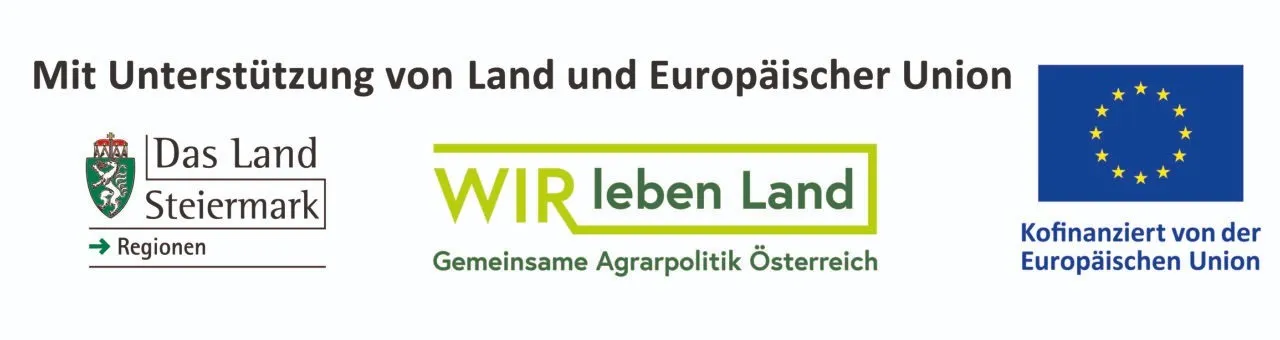 Ein weißer Hintergrund mit Text und einem Logo. Der Text lautet 'Initiative von Land und Europäischer Union'. Darunter steht 'WIR leben Land' in Grün. Das Logo ist grün mit den Worten 'Gemeinsame Agrarpolitik Österreich' unten.