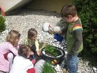 Vier Kinder spielen mit einer kleinen Pflanze in einem Topf in einem Kiesbereich mit einem Gebäude im Hintergrund. Der Junge vorne gießt die Pflanze mit einer Gießkanne.