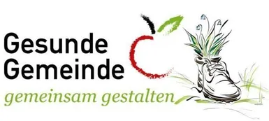 Logo einer Initiative für eine gesunde Gemeinde mit einem Schuh, einem Apfel und Gras. Der Text lautet 'Gesunde Gemeinde' und 'gemeinsam gestalten'.