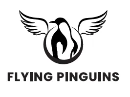 Ein stilisierter Pinguin mit weit ausgebreiteten Flügeln, in einem kreisförmigen Emblem, mit 'Fliegende Pinguine' darunter geschrieben.