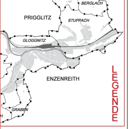Eine Karte mit dem Titel Blatt 2, die mehrere Orte wie Buchbach, Saloder, Berglach, Prigglitz, Stuppach, Gloggnitz, Enzenreith und Graben zeigt, mit einem roten Rand und den Worten Legende oben rechts.