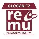 Das rote und weiße Logo für das Gloggnitz Renner Museum mit einem stilisierten Becher, einem Nike-Swoosh und den Worten 're mu'.