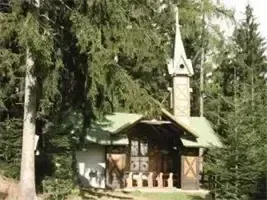 Eine kleine Kirche mit einem Turm und einem grünen Dach ist von Bäumen in einem Wald umgeben.