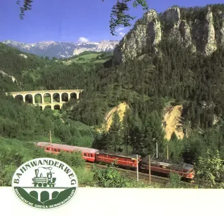 Ein roter Zug fährt durch eine bergige Landschaft, unter einer Brücke hindurch, mit dichtem Wald und entfernten Bergen im Hintergrund.