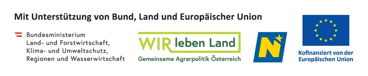 Logo der deutschen Landwirtschaftsorganisation Wir Leben Land zeigt den Text 'Wir leben Land' und einen stilisierten Buchstaben W. Die Logos der Europäischen Union, des Bundes und des Landes sind ebenfalls vorhanden.