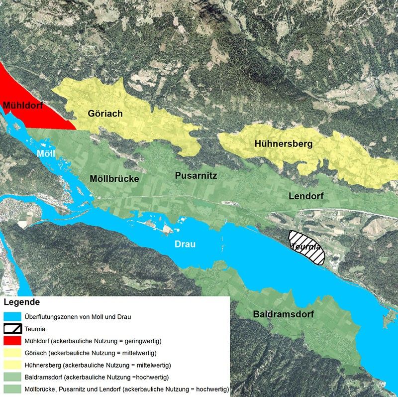 Eine Karte, die verschiedene Regionen mit unterschiedlich gefärbten Zonen zeigt, die Landnutzungswerte angeben. Die Karte enthält eine Legende mit Farbcodes und Beschreibungen.
