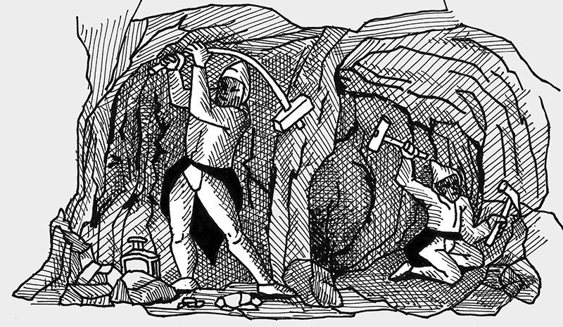 Eine alte Zeichnung zeigt zwei Bergleute, die in einer Höhle arbeiten, einer steht und einen Hammer benutzt, der andere kniet und einen Hammer hält.