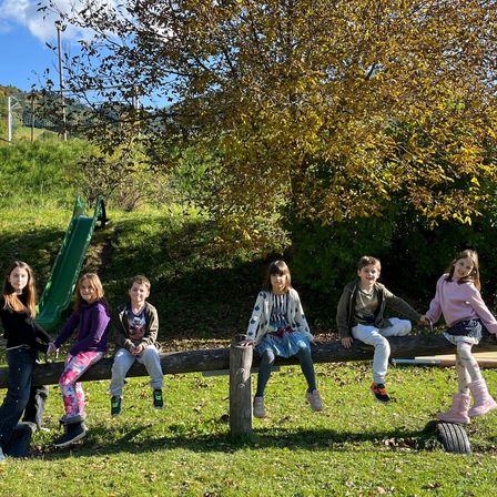 Sechs Kinder sitzen auf einem Wippdreieck in einem Park mit grünem Gras und einem Baum. Dahinter steht eine grüne Rutsche und ein Pfosten.