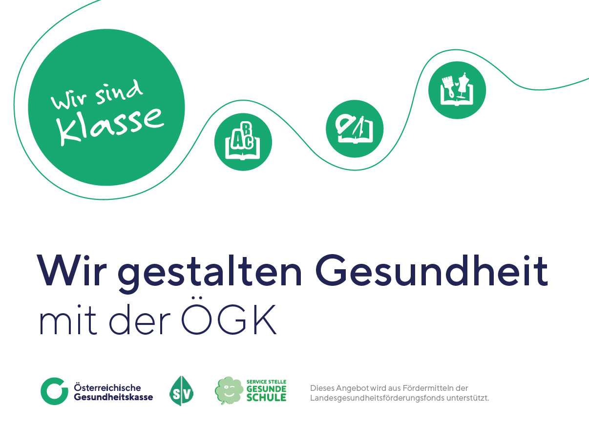 Das Bild zeigt ein Diagramm mit Symbolen für Bildung, Bücher und eine Schule, zusammen mit dem Text 'Wir gestalten Gesundheit bei der ÖGK.' Logos für 'Österreichische Gesundheitskasse' und 'Servicestelle Gesundheit Schule' sind vorhanden.