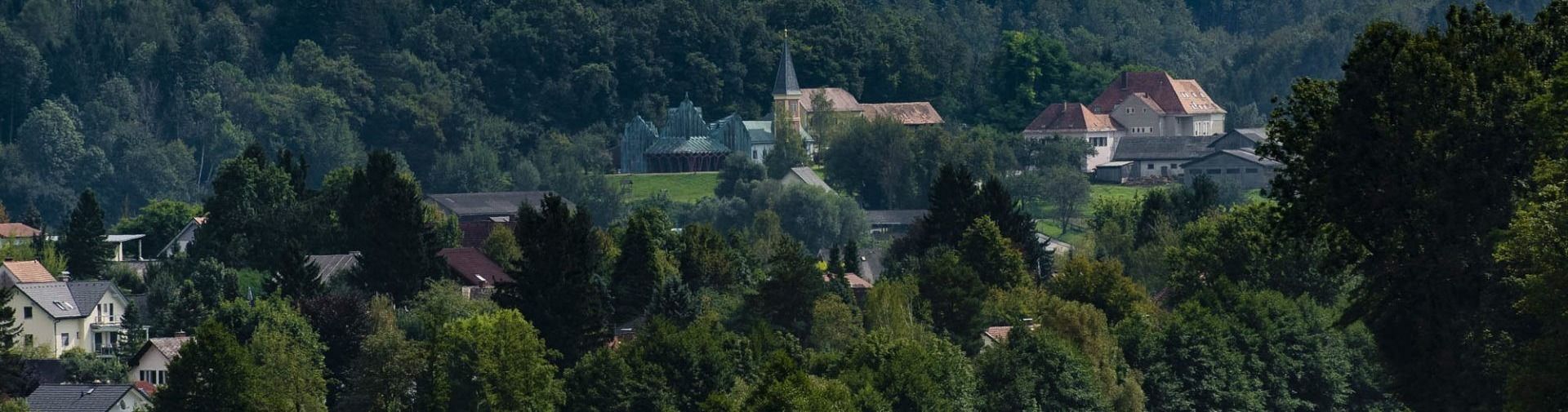 Ein Dorf auf einem Hügel mit einer mittelalterlichen Burg, umgeben von Bäumen und Häusern an einem sonnigen Tag.