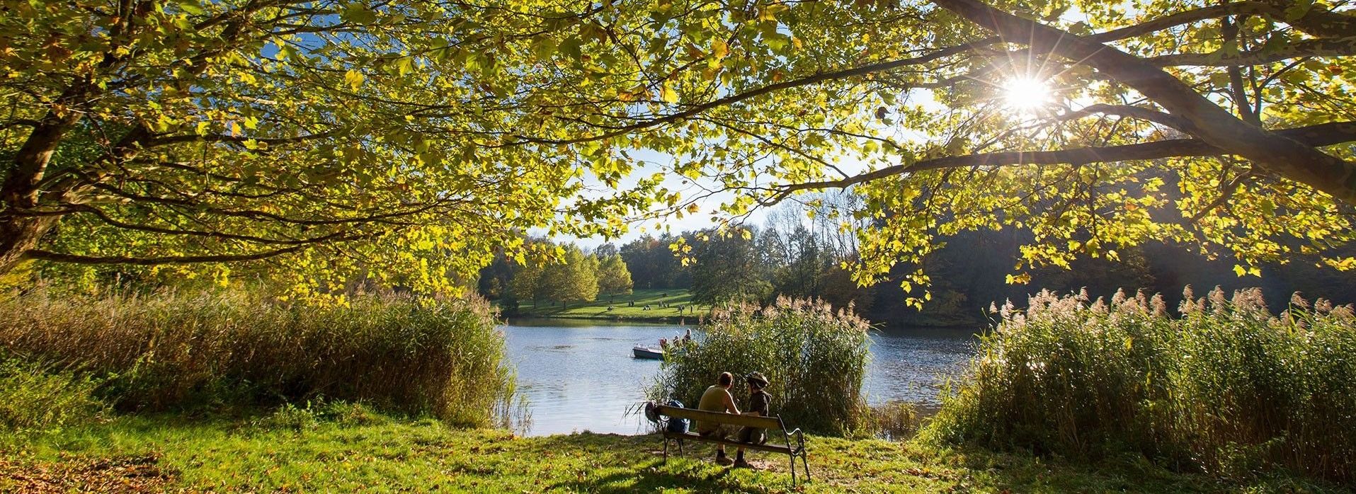 Zwei Personen sitzen auf einer Bank am See mit einem Boot in der Ferne. Das Gebiet ist von Bäumen und Gras umgeben, unter einem strahlend blauen Himmel.