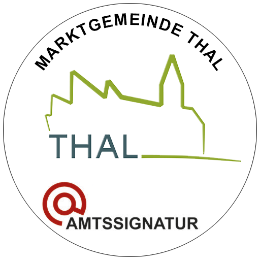 Das Logo der Marktgemeinde Thal in Deutschland, mit einer grünen Liniengrafik und dem Text 'MARKTGEMEINDE THAL', darunter ein roter Kreis und 'AMTSIGNATUR'.