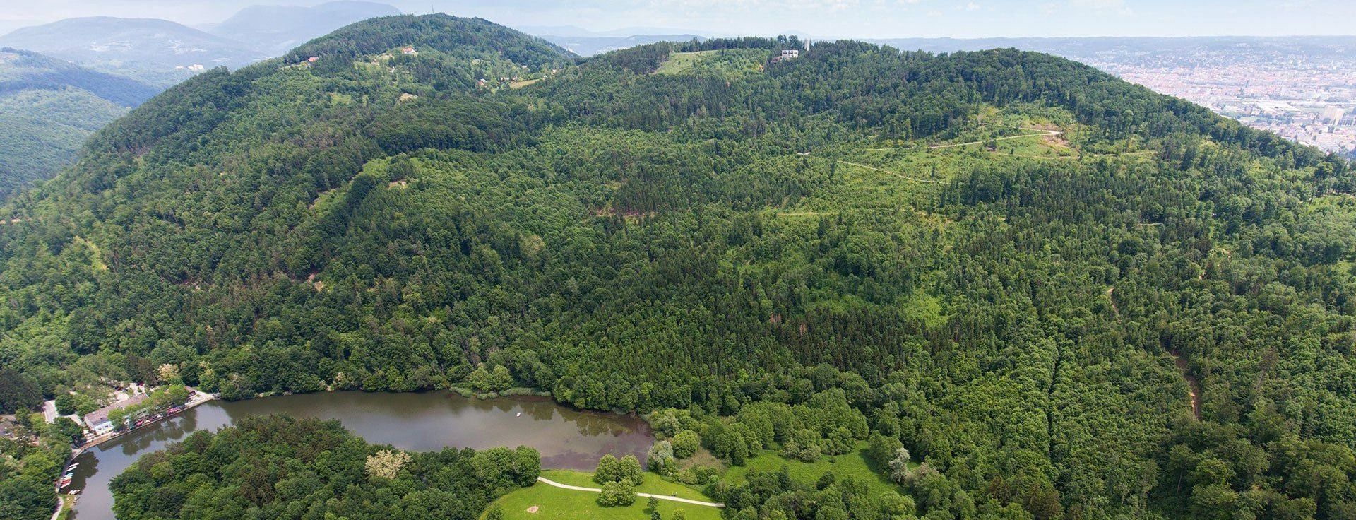 Ein Luftbild eines dichten Waldes mit einem Fluss, der hindurchfließt. Der Fluss biegt um den Fuß eines Hügels. Bäume säumen die Ufer, und ein Pfad führt nach rechts.