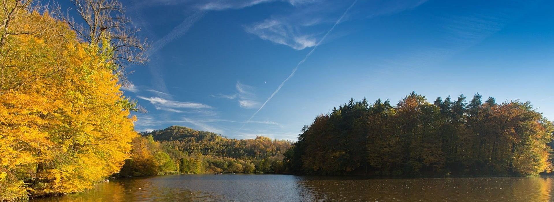 Ein ruhiger See, umgeben von üppigen Wäldern, mit einem blauen Himmel und einem Halbmond in der Ferne.