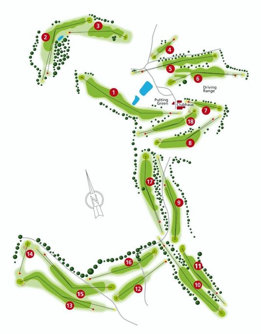 Ein Golfplatz-Layout mit nummerierten Löchern und einem gekennzeichneten Driving Range, Clubhaus und Putting Green.