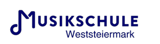 Schwarzer Hintergrund mit blauem Text, der 'Musikschule Weststeiermark' liest. Das Wort 'Musikschule' ist in einer kursiven blauen Schrift, und 'Weststeiermark' ist in einer fetten blauen Schrift.