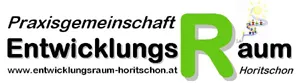 Das Logo für Praxisgemeinschaft Entwicklungsraum, mit der Website www.entwicklungsraum-horitschon.at und dem Namen Horitschon in Grün und Schwarz.