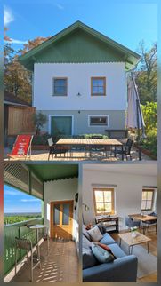 Ein Collage eines Hauses mit Garten und Terrasse. Das erste Bild zeigt das Äußere mit einem Tisch und Stühlen. Das zweite Bild zeigt einen Balkon mit Blick auf die Landschaft. Das dritte Bild zeigt ein Interieur mit Fenster und Tisch.