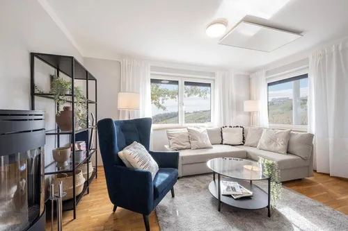 Ein modernes Wohnzimmer mit weißen Wänden, einer grauen Couch, einem blauen Stuhl und einem Glastisch mit Zeitschriften. Es gibt ein schwarzes Regal mit Pflanzen und Körben und zwei Lampen an der Seite. Es gibt zwei Fenster mit Vorhängen und eine Aussicht auf einen Hügel und Bäume.