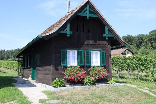 Ein kleines Holzhaus mit grünen Fensterläden und rosa Blumen davor. Es hat ein Strohdach und ist von einem Garten umgeben.