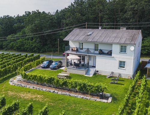 Eine Vogelperspektive eines weißen Hauses mit zwei Autos davor, einer Bank, einem Tisch mit einem Regenschirm und einer Terrasse mit Tisch und Stühlen sowie einer Satellitenschüssel.