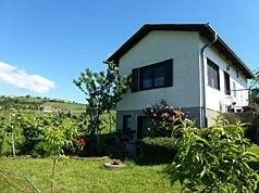 Ein weißes Haus mit schwarzem Dach steht in einem Garten mit grünem Rasen und verschiedenen Pflanzen. Das Haus hat mehrere Fenster, einen Schornstein und ist von Bäumen und Büschen umgeben. Der Himmel ist klar mit einigen Wolken.