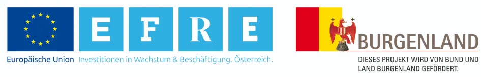 Efre-Logo mit EU-Flagge und Wappen von Burgenland, begleitet von einem deutschen Text.