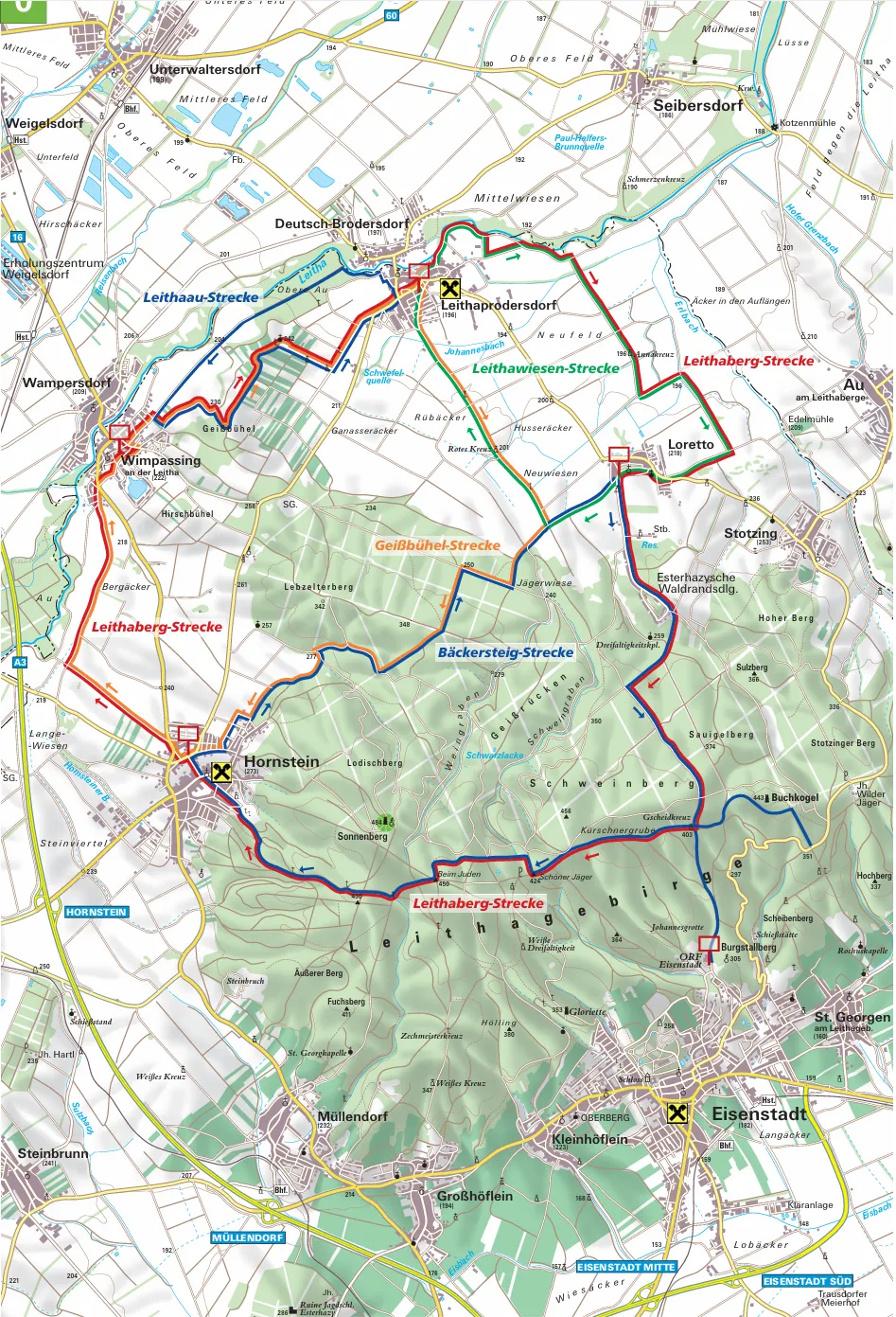 Eine Karte, die Wanderwege, Orte und Pfade in der Stadt Leithaberg zeigt. Die Karte hat verschiedene Wanderwege wie Leithaau-Strecke, Leithawiesen-Strecke und Gäbelbach-Strecke. Verschiedene farbige Linien zeigen verschiedene Routen an.