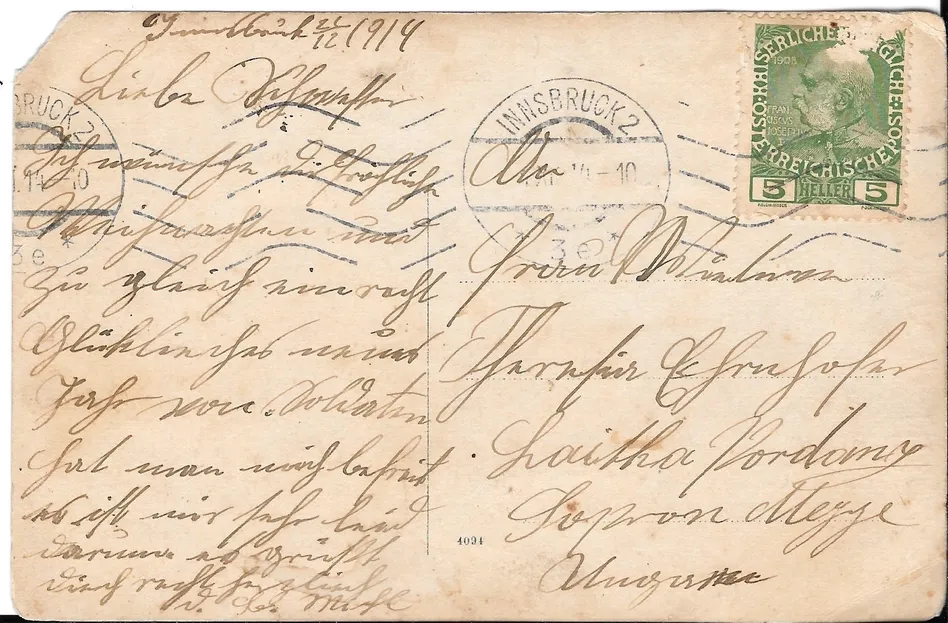 Ein altes handgeschriebenes Brief, datiert vom 12. Dezember 1914, aus Innsbruck, Österreich, mit Stempel, handschriftlicher Adresse und Poststempel.