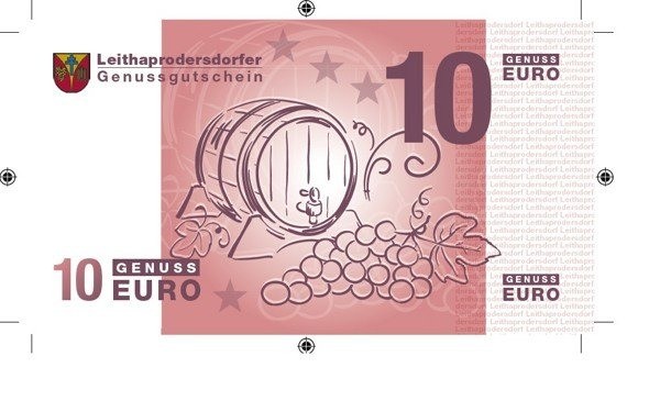 Ein rosafarbener Gutschein im Wert von 10 Euro aus Leithaprodersdorf mit einer Illustration eines Fasses und Trauben.