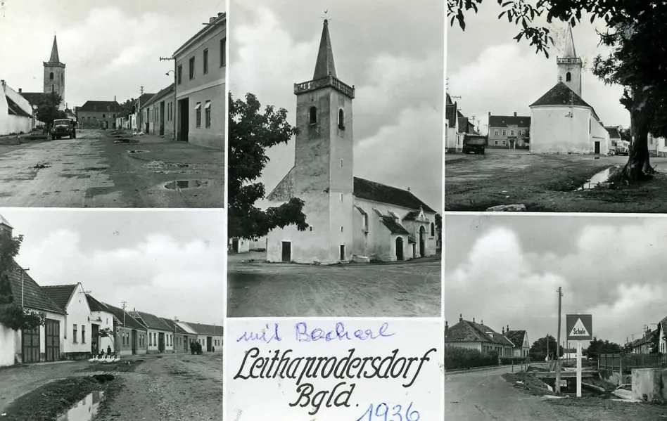 Vier Schwarz-Weiß-Fotos von Leithangrodersdorf im Jahr 1936. Jedes Bild zeigt einen anderen Teil des Dorfes, darunter eine Kirche, Gebäude und eine Straße.
