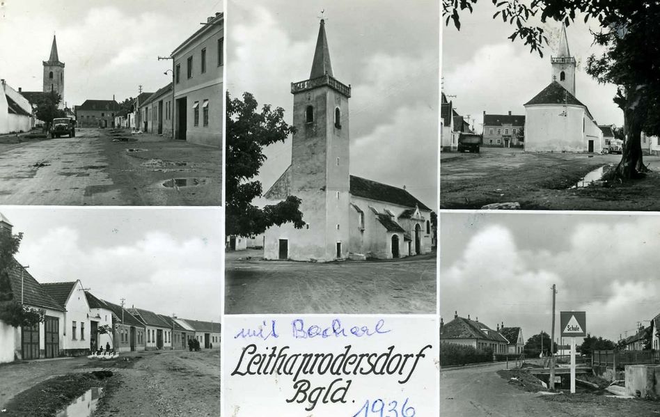 Vier Schwarz-Weiß-Fotos von Leithangrodersdorf im Jahr 1936. Jedes Bild zeigt einen anderen Teil des Dorfes, darunter eine Kirche, Gebäude und eine Straße.