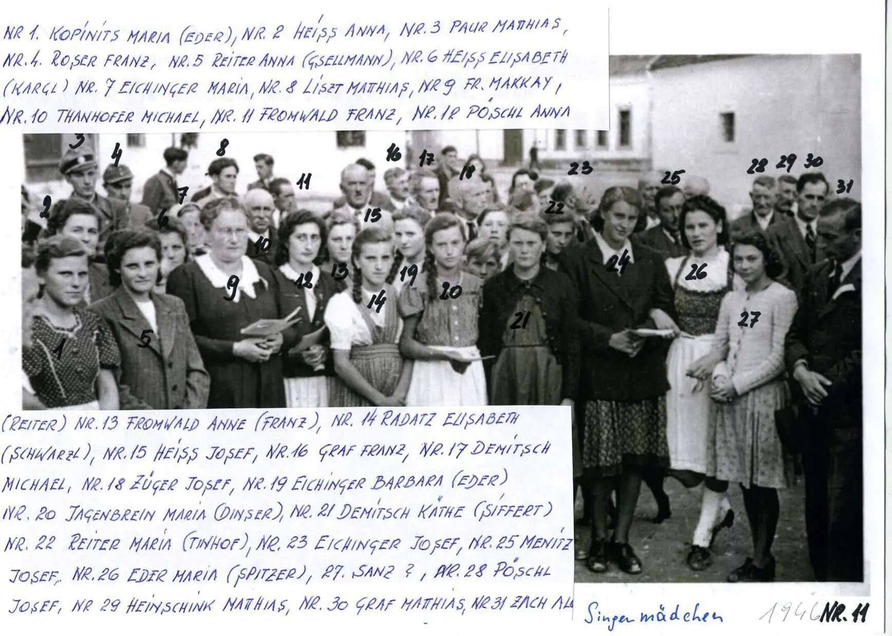 Ein Schwarz-Weiß-Foto zeigt eine Gruppe von Menschen, wahrscheinlich Schüler, vor einem Gebäude stehend. Sie sind nummeriert, und es gibt handgeschriebene Namen und Zahlen auf einem weißen Papier. Das Bild ist datiert und unten mit 'Singer madechen' beschriftet.