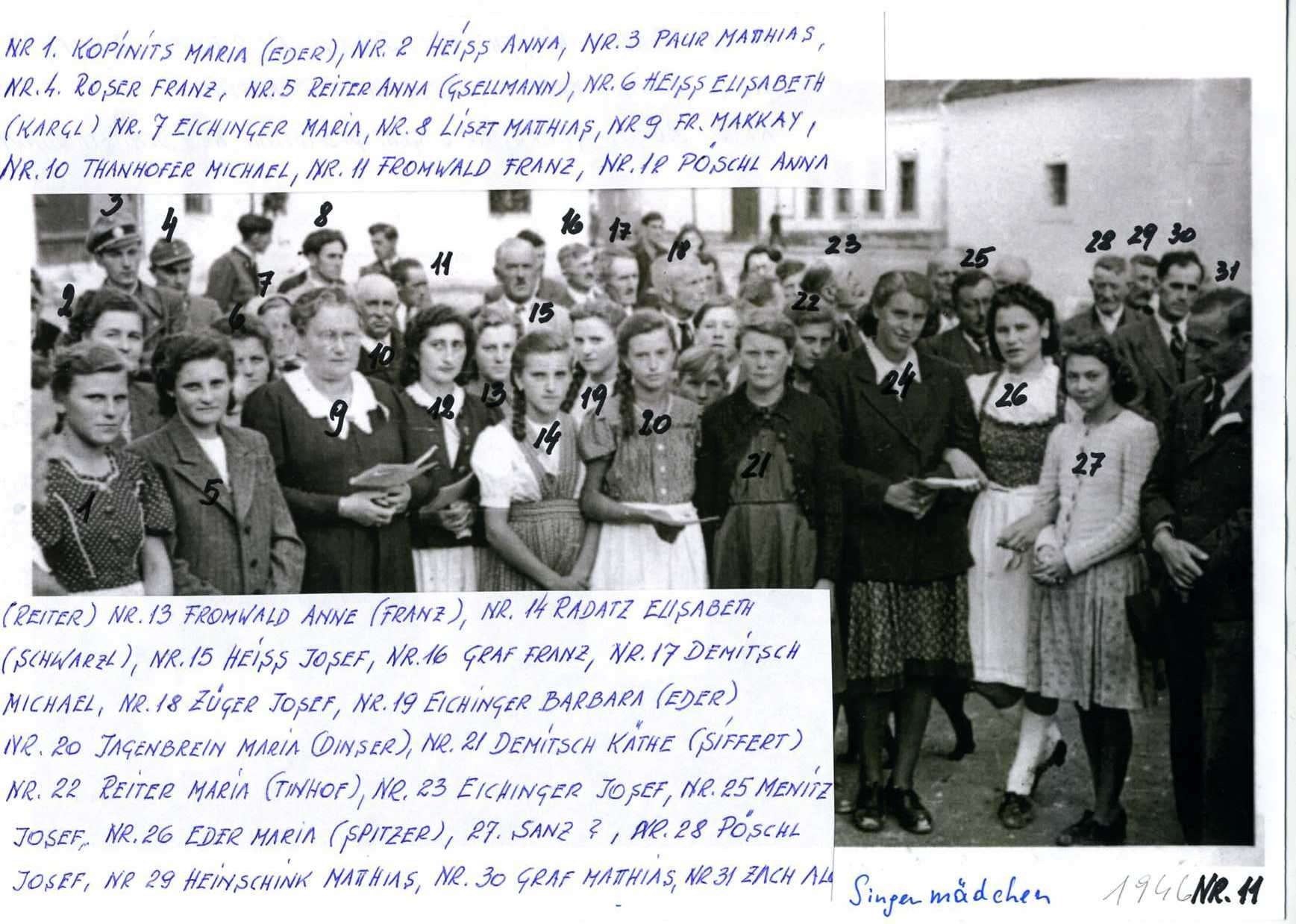 Ein Schwarz-Weiß-Foto zeigt eine Gruppe von Menschen, wahrscheinlich Schüler, vor einem Gebäude stehend. Sie sind nummeriert, und es gibt handgeschriebene Namen und Zahlen auf einem weißen Papier. Das Bild ist datiert und unten mit 'Singer madechen' beschriftet.