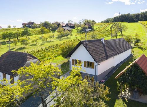 Eine ländliche Landschaft mit mehreren Häusern, eines mit einem braunen Dach, eingebettet in grüne Hügel und Weinberge.