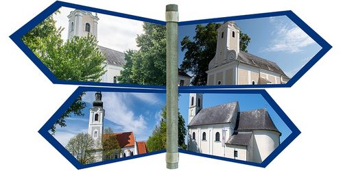 Eine Collage aus vier Kirchenbildern mit blauem Rand, die verschiedene architektonische Stile und Umgebungen zeigt.