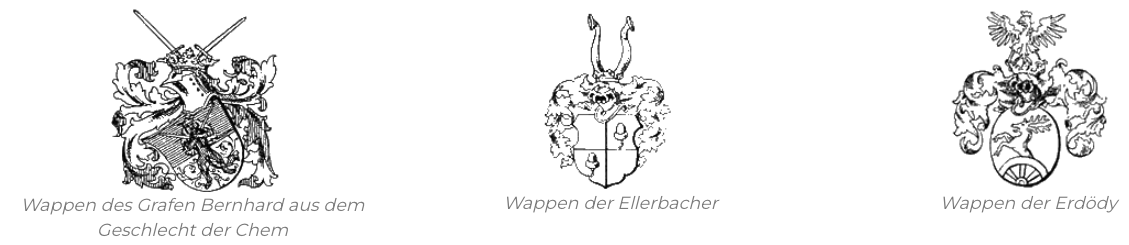 Zwei schwarz-weiße heraldische Bilder. Das linke Bild zeigt einen Ritter in Rüstung mit einem Schwert, mit dem Text 'Bernhard aus dem t der Chem'. Das rechte Bild zeigt ein Wappen mit einem Helm und einem Wappenschild, mit dem Text 'Wappen der Ellerbacher'.