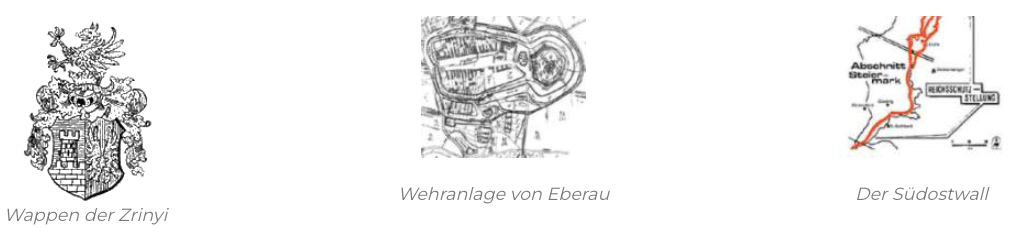 Drei Bilder werden angezeigt: eine Skizze einer mittelalterlichen Befestigung, eine Karte der Verteidigung von Eberau und eine Karte mit einer roten Linie.