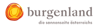 Das Logo für Burgenland, mit einem kreisförmigen Design und einem sonnenähnlichen gelben und roten Zentrum. Der Text lautet 'Burgenland die sonnenseite osterreichs'.