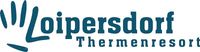 Das Logo für Loipersdorf Thermenresort zeigt ein blaues Handsymbol mit stilisierten Texten. Der Name 'Loipersdorf' ist in großen, fetten Buchstaben, während 'Thermenresort' in kleineren, kursiven Buchstaben darunter steht. Das Gesamtdesign ist modern und übersichtlich.