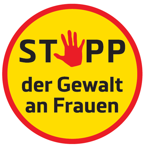 Ein gelbes Schild mit einer roten Hand und dem Text 'STOPP der Gewalt an Frauen'. Es fordert, Gewalt gegen Frauen zu stoppen.