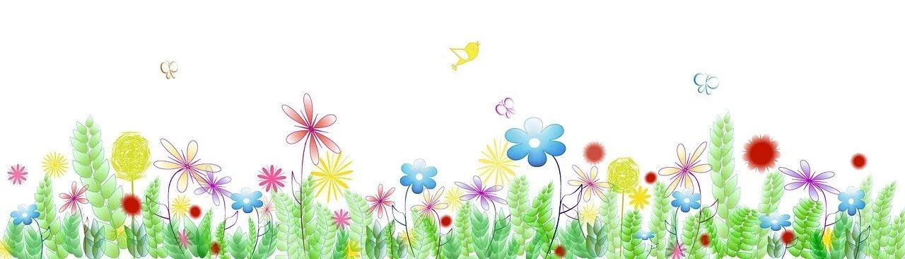 Eine lebendige Illustration zeigt ein Feld mit bunten Blumen, über denen Schmetterlinge fliegen. Die Blumen variieren in Farbe und Form, und es sind grüne Blätter verstreut. Ein gelber Vogel ist ebenfalls in der Szene vorhanden.