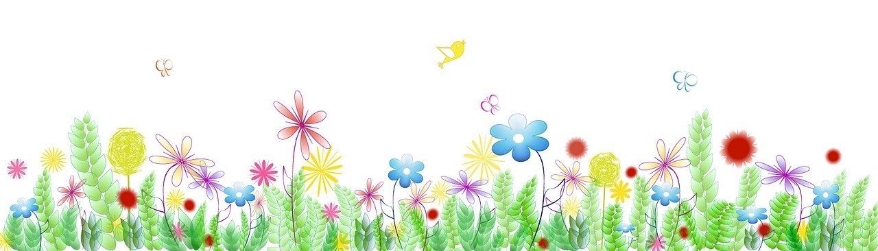 Eine lebendige Illustration zeigt ein Feld mit bunten Blumen, über denen Schmetterlinge fliegen. Die Blumen variieren in Farbe und Form, und es sind grüne Blätter verstreut. Ein gelber Vogel ist ebenfalls in der Szene vorhanden.